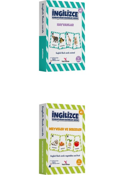 Ingilizce Konuşturan Kelime Kartları Flash Card 2'li Set- Hayvanlar-Sebzeler-Meyveler 188 Kelime