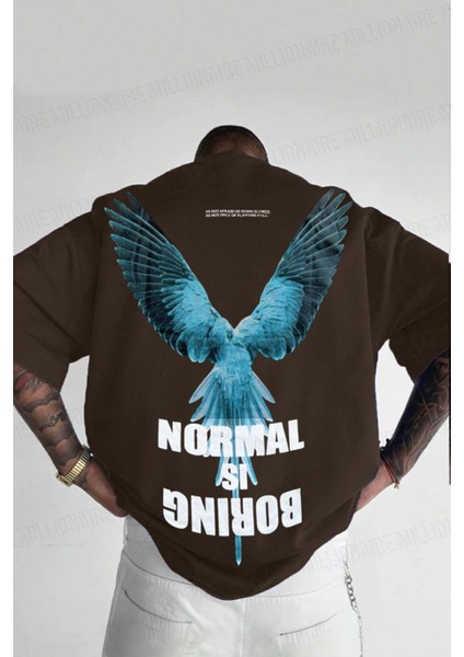 Erkek Kahverengi Normal Is Boring Bisiklet Yaka Oversize Salaş T-Shirt
