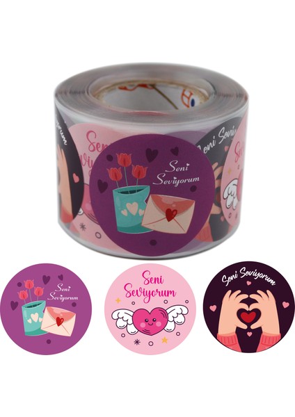 Kuşe Seni Seviyorum Etiketi 50 mm Çapında 500 Adet 3 Tasarım fiyatları