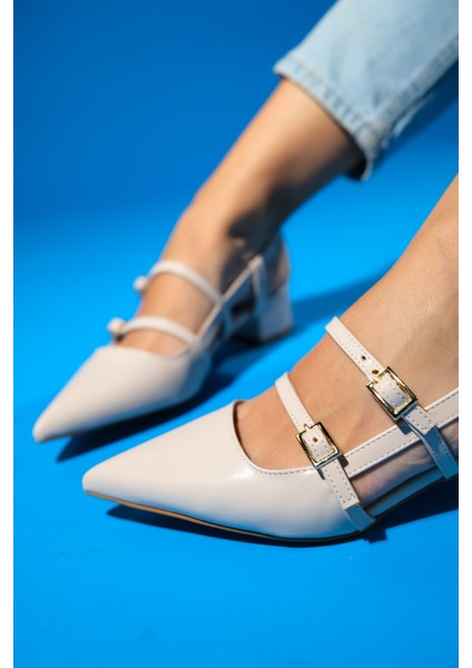 Cenova Bej Cilt Kadın Topuklu Sandalet modelleri