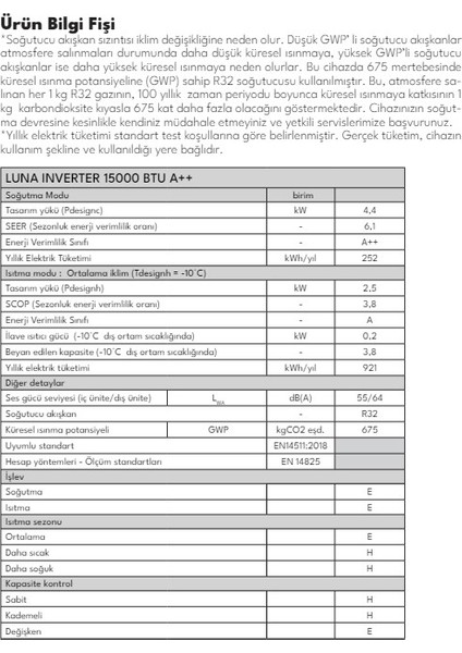 Luna A++ 15000 BTU Inverte Duvar Tipi Klima