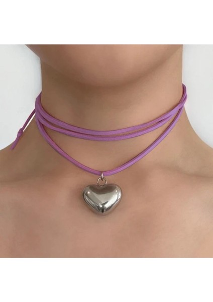 Vintage Big Heart Pembe Ipli Silver Kolye Choker Aksesuar Takı Hediyelik