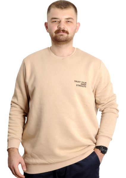 Büyük Beden Erkek Sweathirt Bisiklet Yaka Nakışlı Sweat 23525 Bej