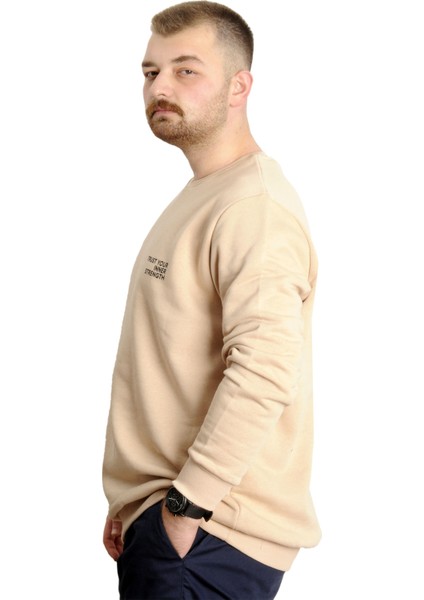 Büyük Beden Erkek Sweathirt Bisiklet Yaka Nakışlı Sweat 23525 Bej fiyatları