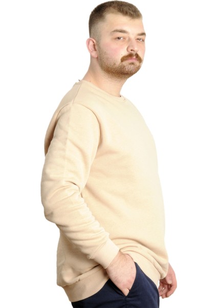 Büyük Beden Erkek Sweathirt Bisiklet Yaka Nakışlı Sweat 23525 Bej modelleri