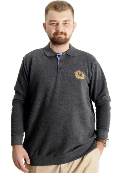 Büyük Beden Sweatshirt Antramelanj Polo Yaka Uzun Kol Erkek 2023 Sonbahar Kış