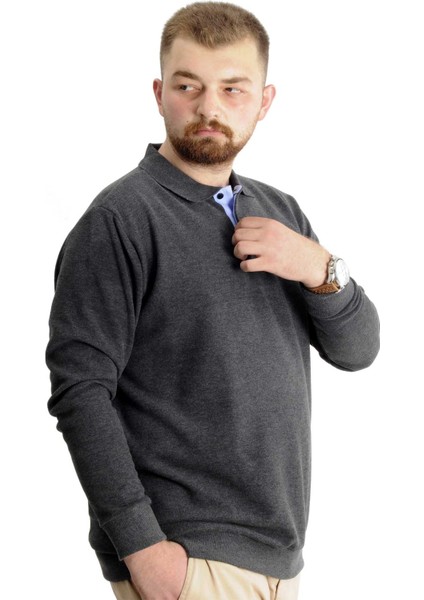 Büyük Beden Sweatshirt Antramelanj Polo Yaka Uzun Kol Erkek 2023 Sonbahar Kış modelleri