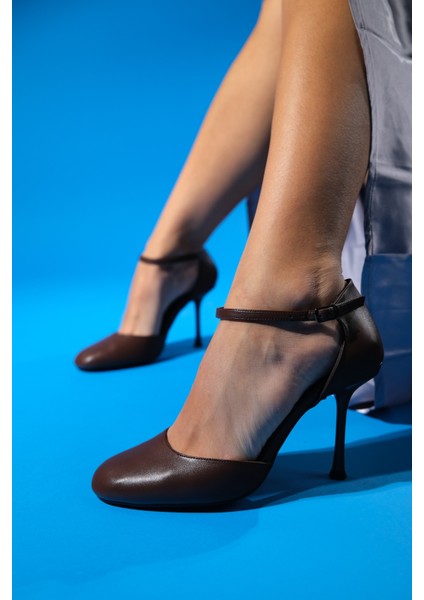 Julıa Kahve Cilt Yuvarlak Burun Bilekten Bağlamalı Kadın Yüksek Topuklu Ayakkabı fırsatları