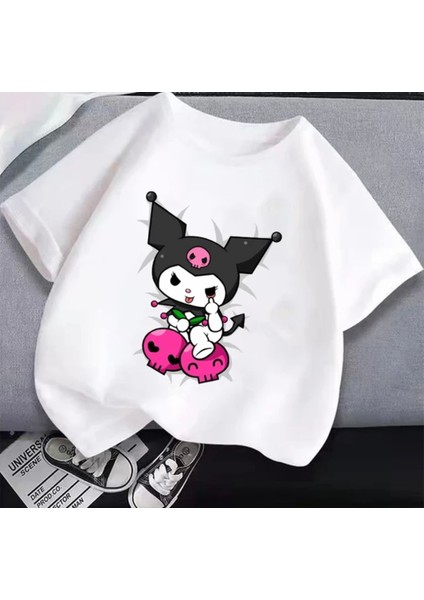 Özel Tasarım Çift Kuru Kafa Kuromi Baskılı %100 Pamuk Oversize Kız Çocuk Trend T-Shırt