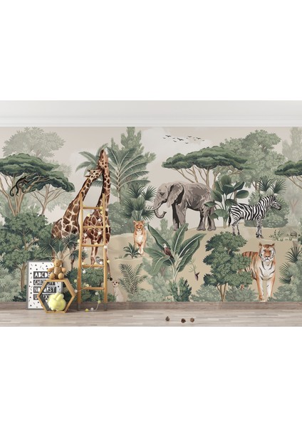 Safari Hayvanları Duvar Kağıdı Orman Desenli Duvar Resmi Çocuk Odası Duvar Posteri
