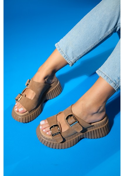 Joanes Toprak Süet Hakiki Deri Çift Bantlı Kadın Dolgu Taban Terlik fiyatları