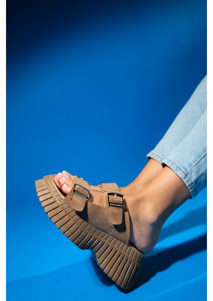 Joanes Toprak Süet Hakiki Deri Çift Bantlı Kadın Dolgu Taban Terlik modelleri