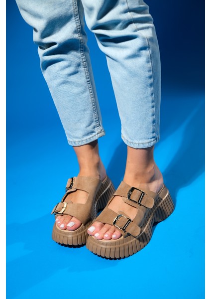 Joanes Toprak Süet Hakiki Deri Çift Bantlı Kadın Dolgu Taban Terlik indirimleri