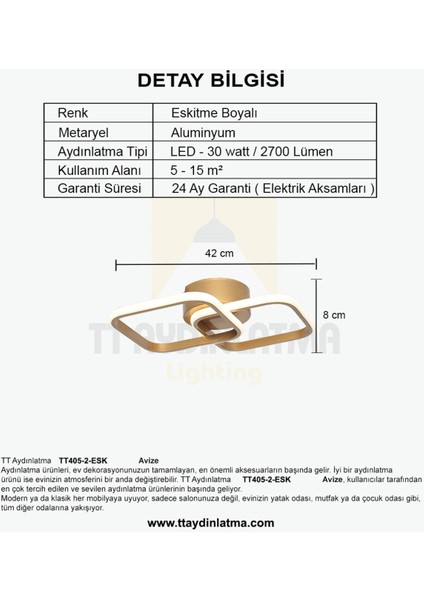 LED TT405-2-ESK Eskitme Boyalı 2 Li Kare 3 Renk Işık Modüllü  LED Avize Ledli Alüminyum Altın 2