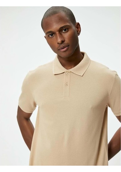 Yakalı T-Shirt Düğmeli Slim Fit Kısa Kollu - Koton - 4Sam10108Mk - Bej - Xxl