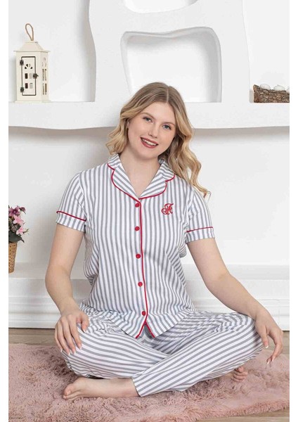 Farya Home Dreamy Secret Pamuklu Biyeli Çizgili Kısa Kollu Cepli Gömlek Pijama Takımı