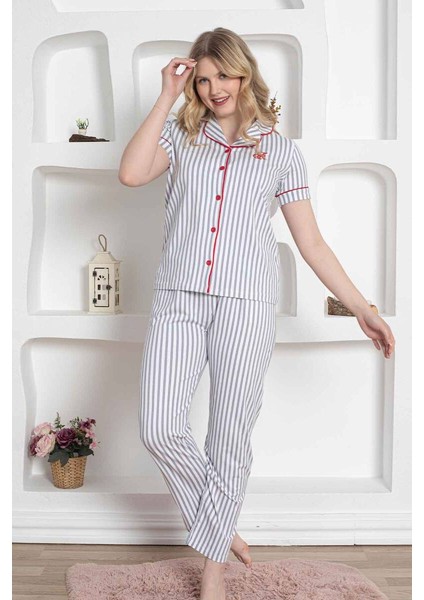 Farya Home Dreamy Secret Pamuklu Biyeli Çizgili Kısa Kollu Cepli Gömlek Pijama Takımı