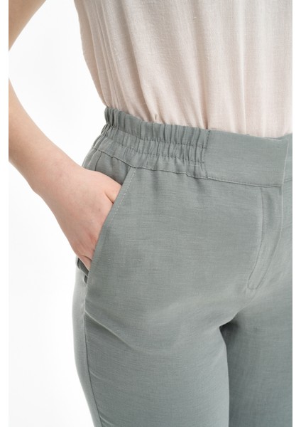 Arka Bel Lastikli Keten Pantolon