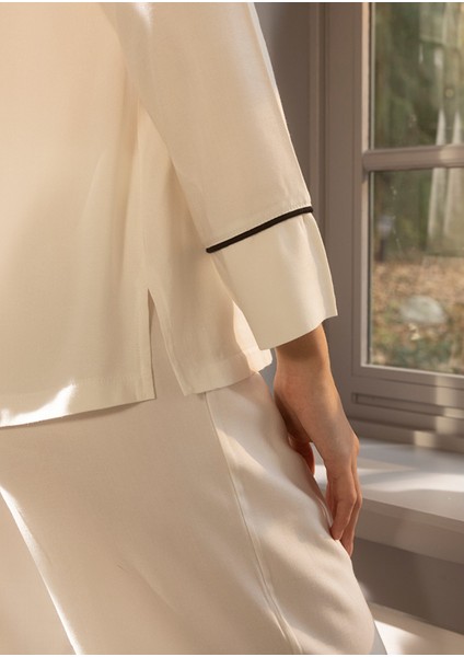 %100 Viskon Pijama Takımı Ekru S - Cool White Serisi