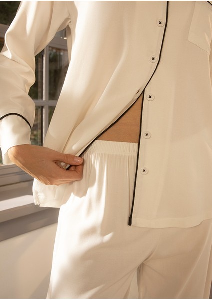 %100 Viskon Pijama Takımı Ekru S - Cool White Serisi