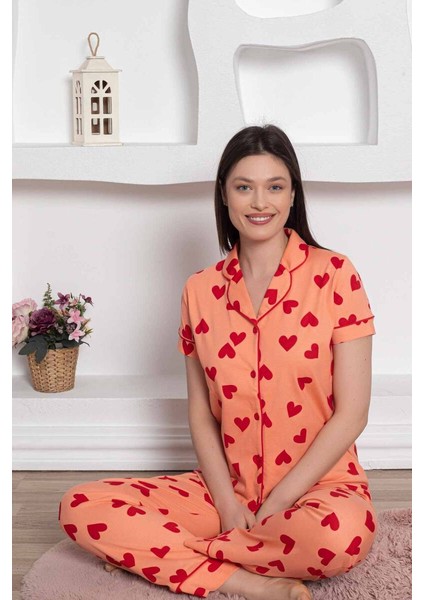 Farya Home Dreamy Pamuklu Biyeli Kalp Desenli Kısa Kollu Cepli Gömlek Pijama Takımı