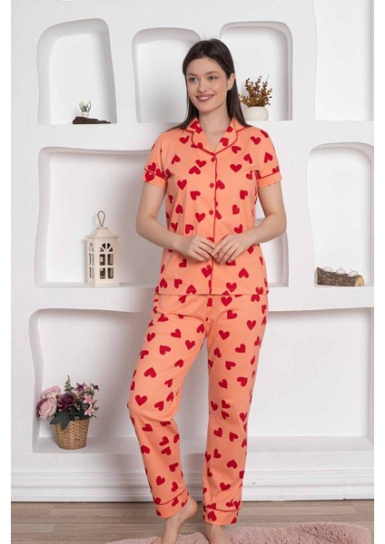 Farya Home Dreamy Pamuklu Biyeli Kalp Desenli Kısa Kollu Cepli Gömlek Pijama Takımı