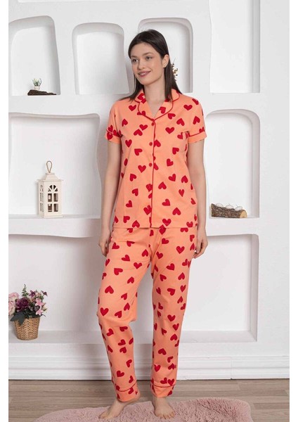 Farya Home Dreamy Pamuklu Biyeli Kalp Desenli Kısa Kollu Cepli Gömlek Pijama Takımı