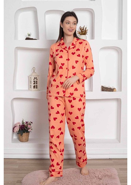 Farya Home Dreamy Pamuklu Biyeli Kalp Desenli Uzun Kollu Cepli Gömlek Pijama Takımı