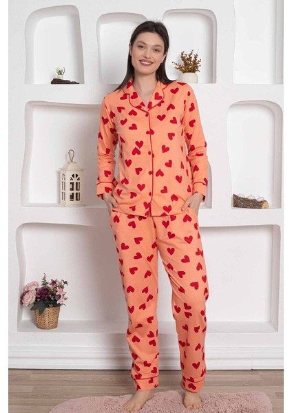 Farya Home Dreamy Pamuklu Biyeli Kalp Desenli Uzun Kollu Cepli Gömlek Pijama Takımı