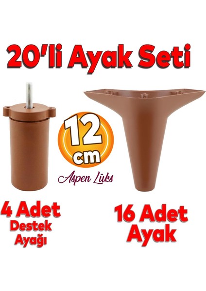 20'li Set Aspen Lüks Mobilya Kanepe Koltuk Tv Ünitesi Yükseltici Destek Ayağı Ayakları 12 cm Kahve