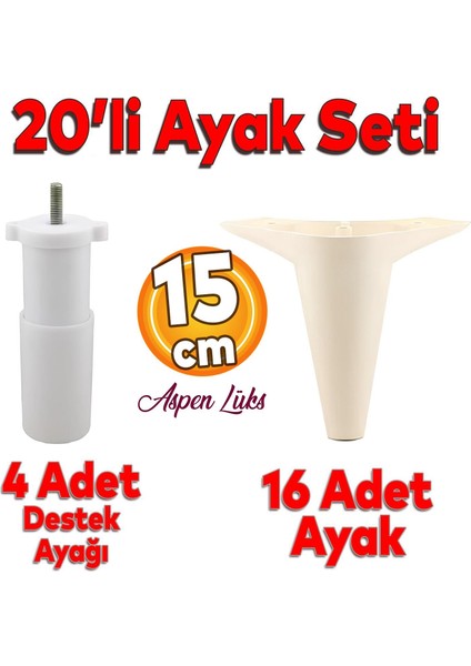 20'li Set Aspen Lüks Mobilya Kanepe Koltuk Tv Ünitesi Yükseltici Destek Ayağı Ayakları 15 cm Krem