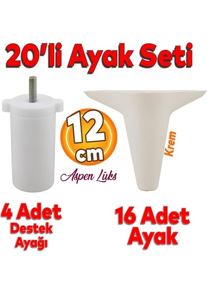20'li Set Aspen Lüks Mobilya Kanepe Koltuk Tv Ünitesi Yükseltici Destek Ayağı Ayakları 12 cm Krem