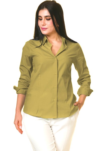 Hardal Sarı Sade Basic Uzun Kollu Kadın Gömlek Kadın Gömlek
