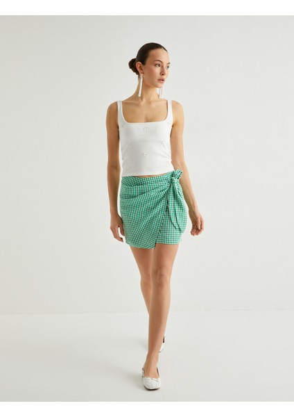 x Sibil Çetinkaya - Pötikareli Mini Kruvaze Etek Yandan Bağlama Detaylı