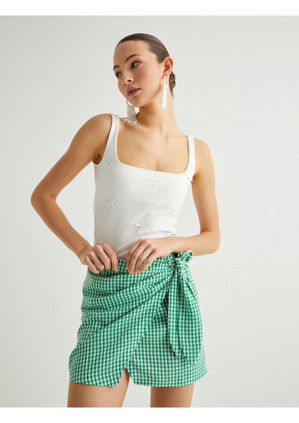 x Sibil Çetinkaya - Pötikareli Mini Kruvaze Etek Yandan Bağlama Detaylı fiyatları