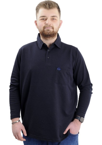 Büyük Beden Erkek Sweatshirt Polo Yaka Uzun Kol Waffle 23449 Lacivert