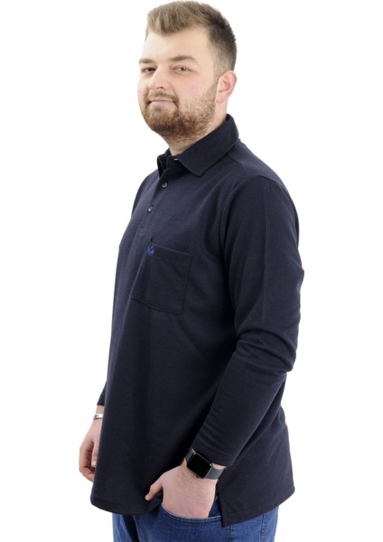Büyük Beden Erkek Sweatshirt Polo Yaka Uzun Kol Waffle 23449 Lacivert fiyatları
