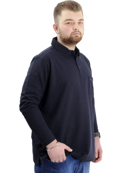 Büyük Beden Erkek Sweatshirt Polo Yaka Uzun Kol Waffle 23449 Lacivert modelleri