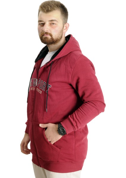 Büyük Beden Erkek Kapüşonlu Sweatshirt New Port 23546 Bordo