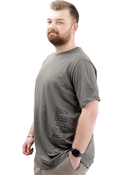 Büyük Beden Baskılı Erkek T-Shirt Bisiklet Yaka Sımplıcıty U24046 Haki