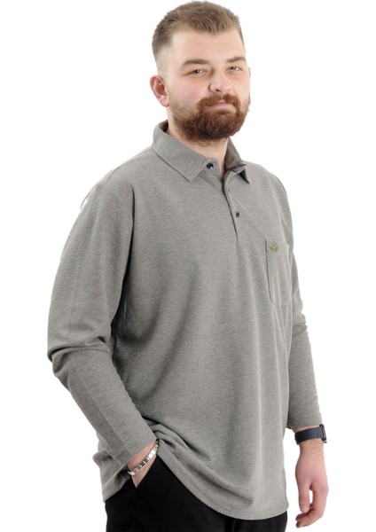 Büyük Beden Erkek Sweatshirt Polo Yaka Uzun Kol Waffle 23449 Haki modelleri
