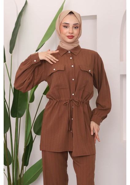 Kahverengi Cepli Bel Büzgülü Tunik Pantolon Takım modelleri