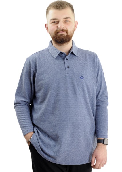 Büyük Erkek Sweatshirt Polo Yaka Uzun Kol Waffle 23449 Indigo