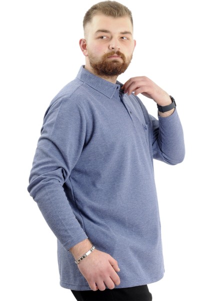 Büyük Erkek Sweatshirt Polo Yaka Uzun Kol Waffle 23449 Indigo modelleri