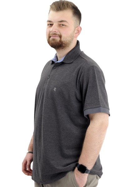 Mode Xl Battal Beden Erkek Tshirt Polo Yaka Nakışlı Klasik Pike 20553 Antrasit