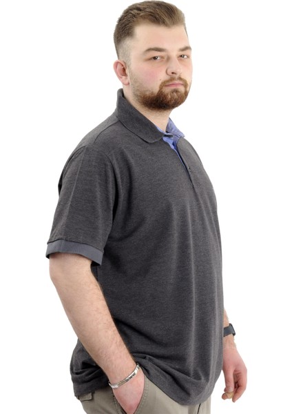 Mode Xl Battal Beden Erkek Tshirt Polo Yaka Nakışlı Klasik Pike 20553 Antrasit