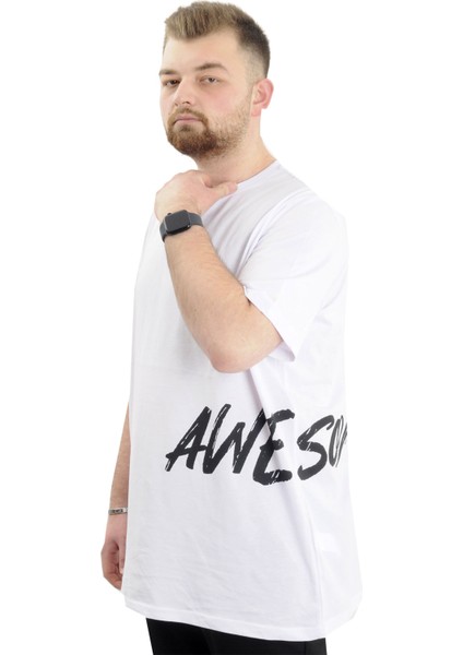 Büyük Beden Erkek Bisiklet Yaka T-Shirt Baskılı Awesome U24038 Beyaz fiyatları