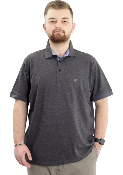 Mode Xl Battal Beden Erkek Tshirt Polo Yaka Nakışlı Klasik Pike 20553 Antrasit