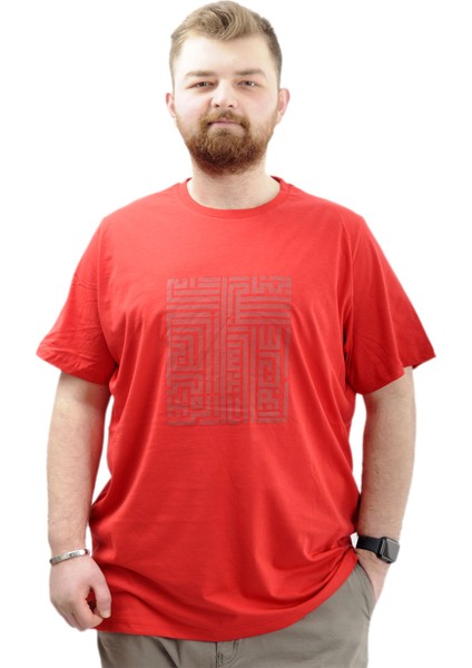 Büyük Beden Erkek T-Shirt Bisiklet Yaka Baskılı Labyrınth U24048 Kırmızı