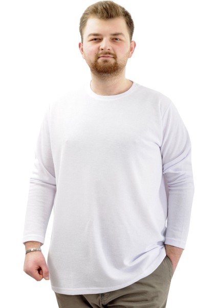 Büyük Beden Erkek Sweatshirt Bisiklet Yaka Uzun Kol Waffle 23460 Beyaz